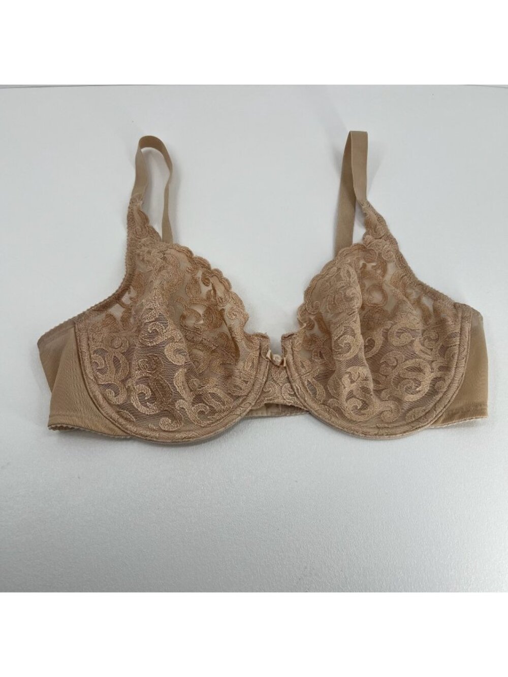 Wacoal Arabesque Unlined Underwire Bra Sz 36D Sheer Embroidered Lace 85199 Nude